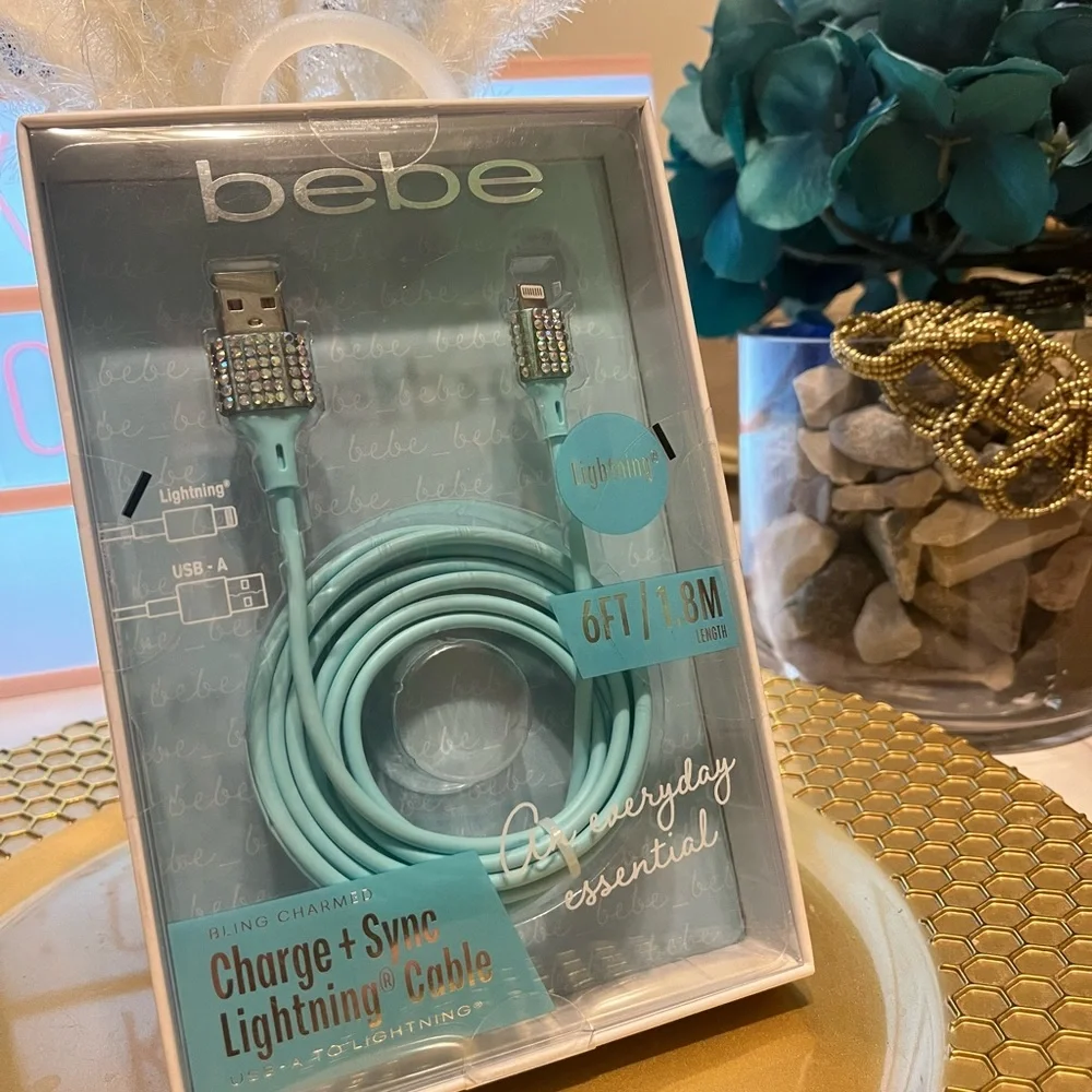 Bebe Aqua Lightning Cable with Rhinestone Accents cellphone
